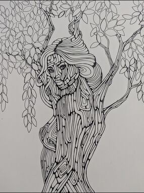 Hand-Drawn Black Ink Tree-Woman Illustration